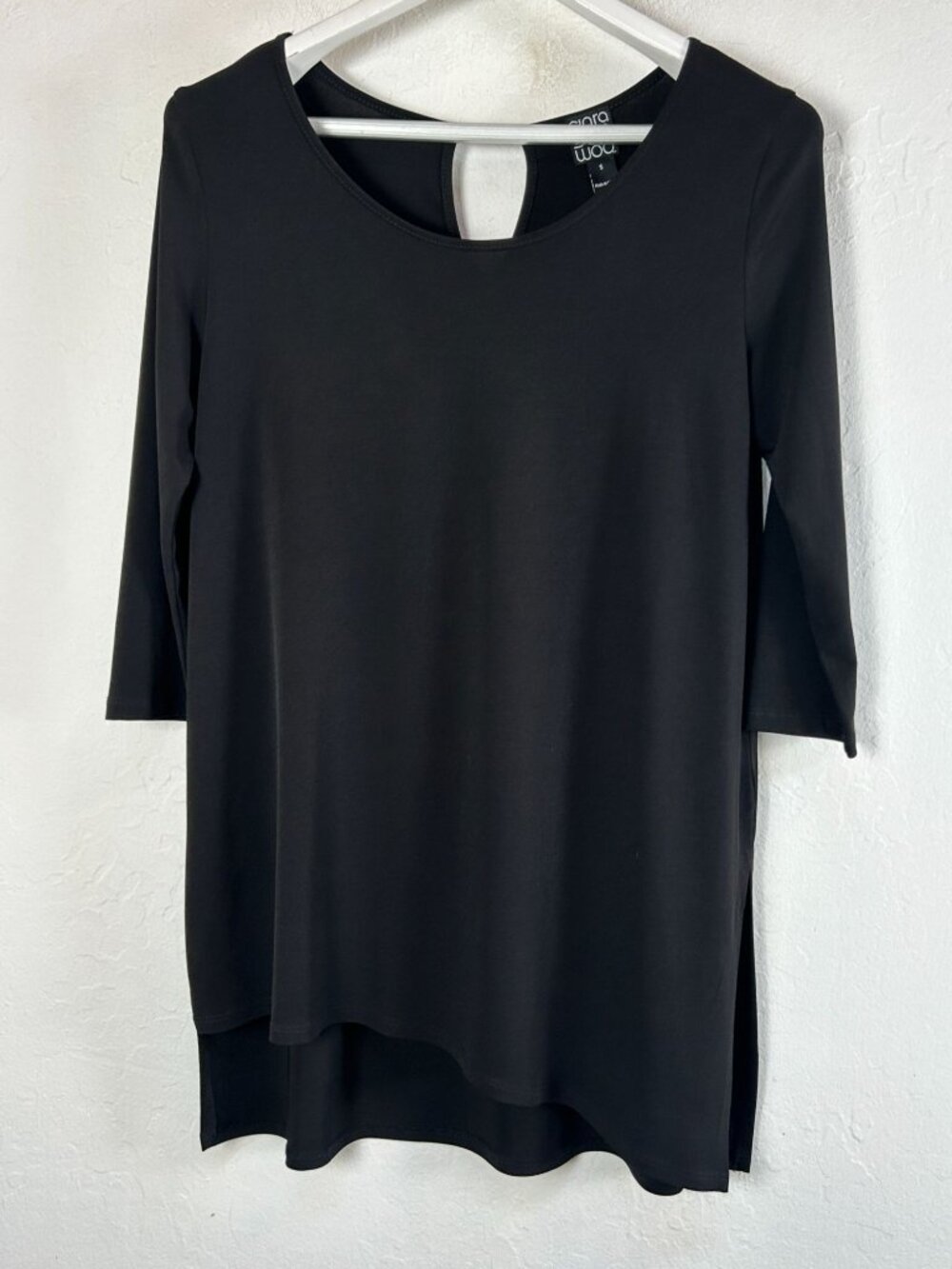 Clara Sun Woo Womens Black 3/4 Sleeve Tunic Top Small High-Low Hem Keyhole Back